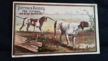 c. 1885 Dutton & RHones Fine Clothing trade card - litho hunting dogs
