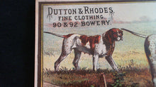 c. 1885 Dutton & RHones Fine Clothing trade card - litho hunting dogs
